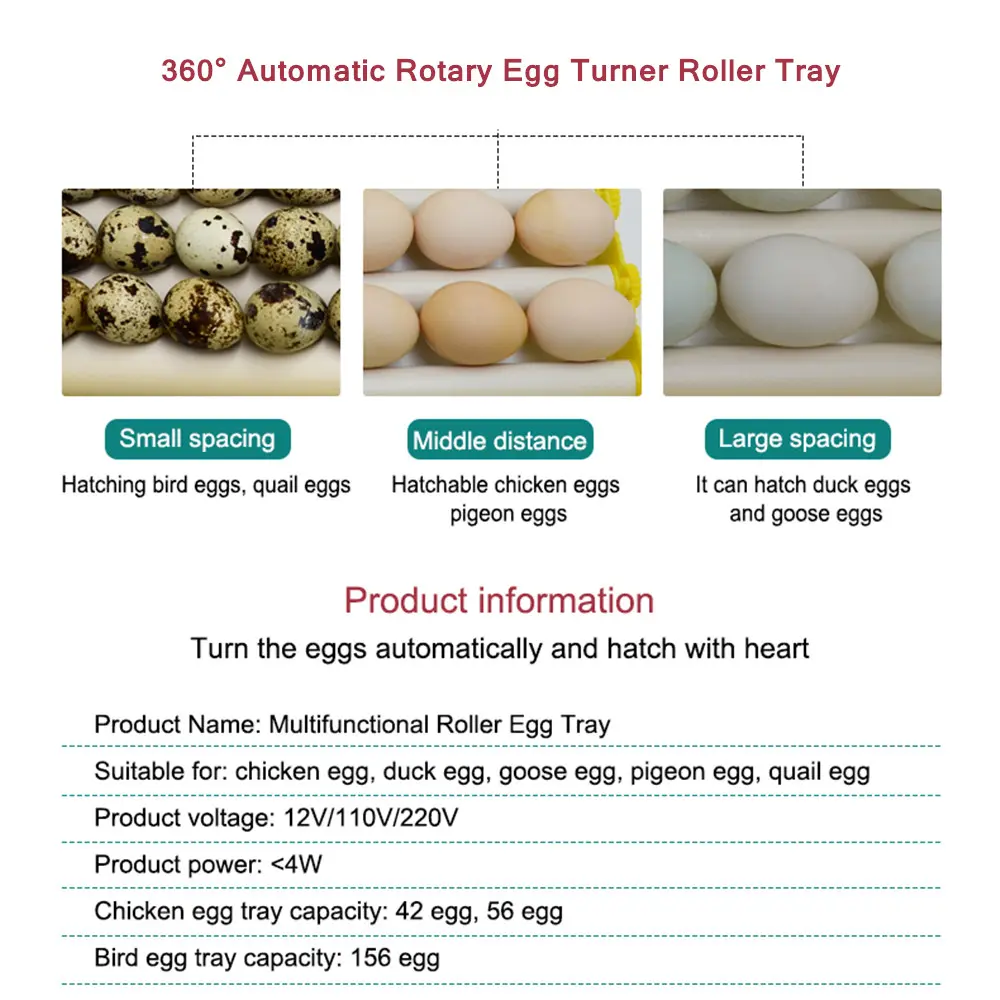 Automatic 360° Rotary Egg Turner Roller Tray 42/56/156 Eggs Hatching Incubator Farm Incubation Tool Duck Quail Bird Accessory