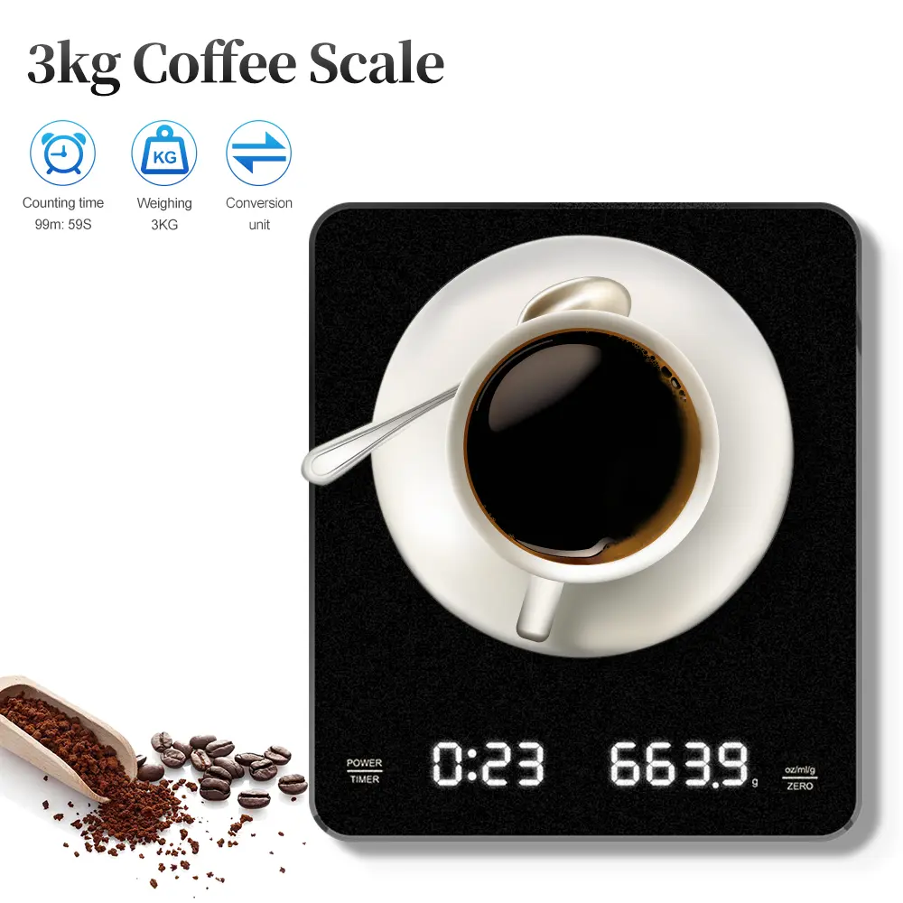 Digital Coffee Scale with Timer LED Screen Espresso USB 3kg Max.Weighing 0.1g High Precision Measures in Oz/ml/g Kitchen Scale