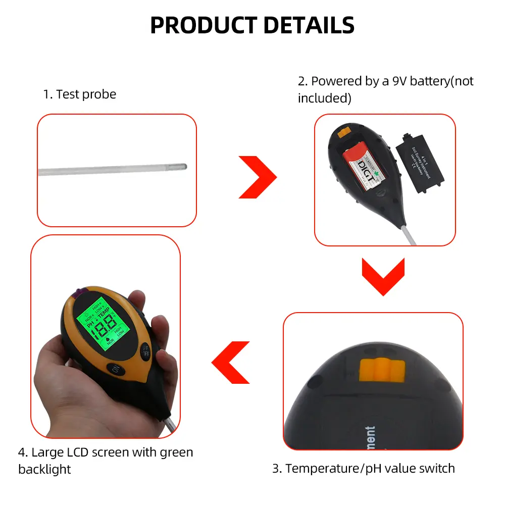 4 In 1 Digital Soil PH Meter Soil Temperature Solar Sunlight Moisture PH Flowers Meter Monitor for Garden Plants LCD Display