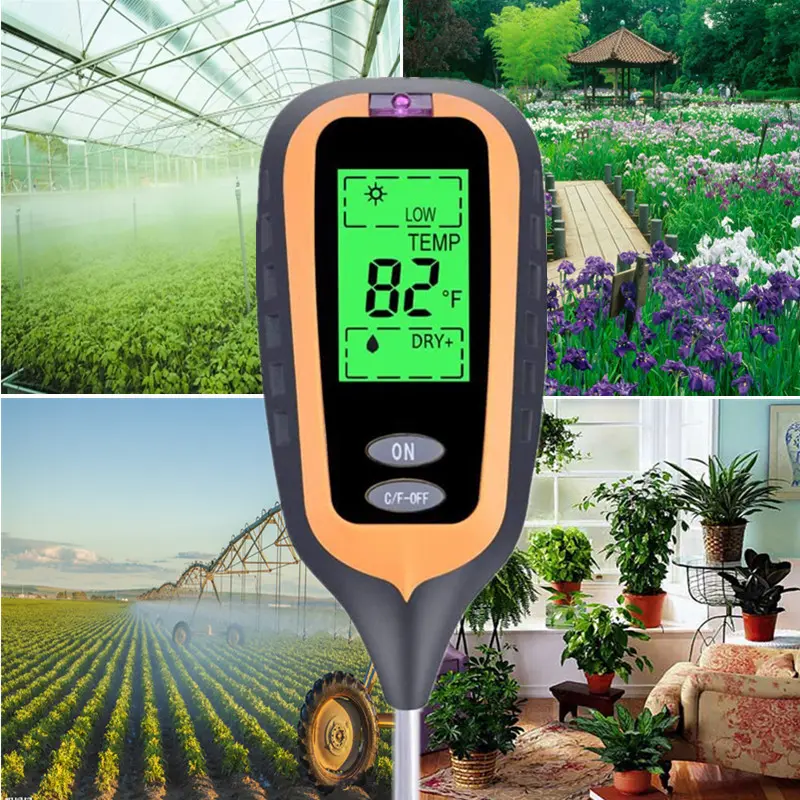 4 In 1 Digital Soil PH Meter Soil Temperature Solar Sunlight Moisture PH Flowers Meter Monitor for Garden Plants LCD Display