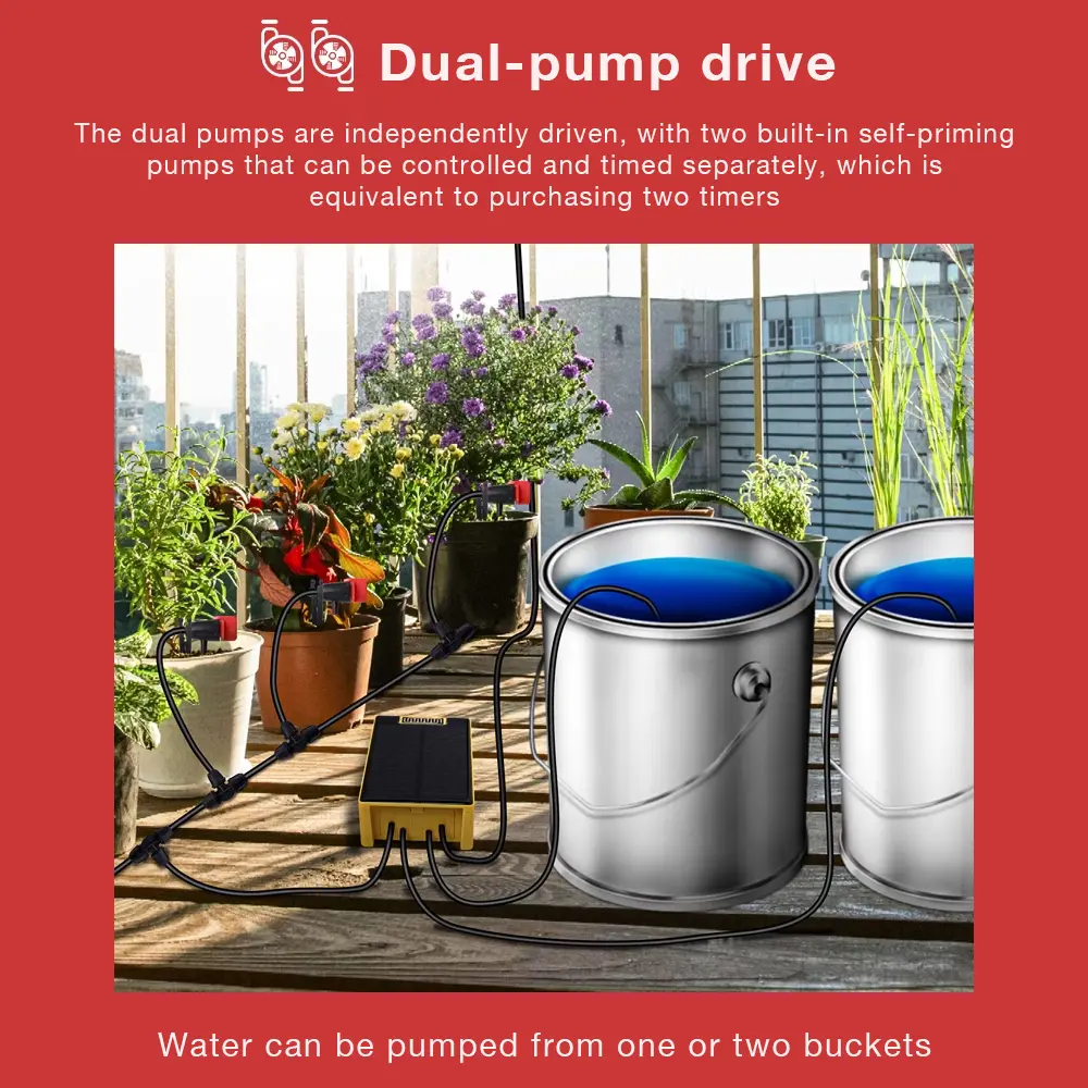 Solar Power Double Pump Timers Automatic Drip Irrigation System Built-In Lithium Battery Rain Sensing for Garden Plant Watering