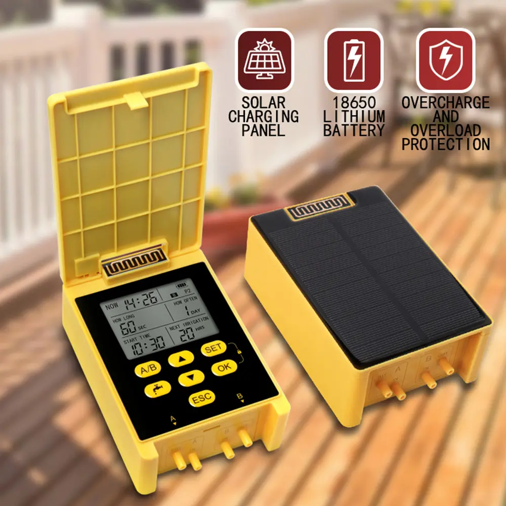 Solar Power Double Pump Timers Automatic Drip Irrigation System Built-In Lithium Battery Rain Sensing for Garden Plant Watering