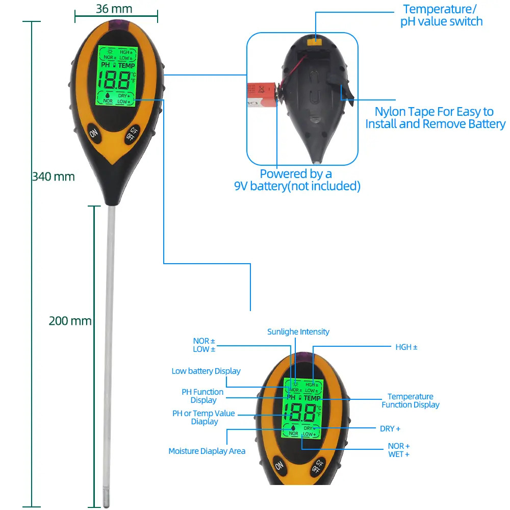 Soil Ph Meter Tester EC Meter for Soil PH TDS CF Sunlight Moisture Humidity Garden Temp Soil moisture Sensor Gauge Optional