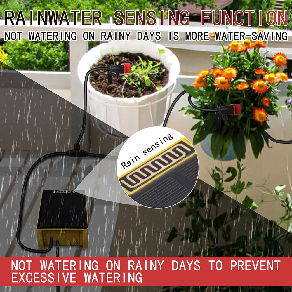 Solar Power Double Pump Timers Automatic Drip Irrigation System Built-In Lithium Battery Rain Sensing for Garden Plant Watering