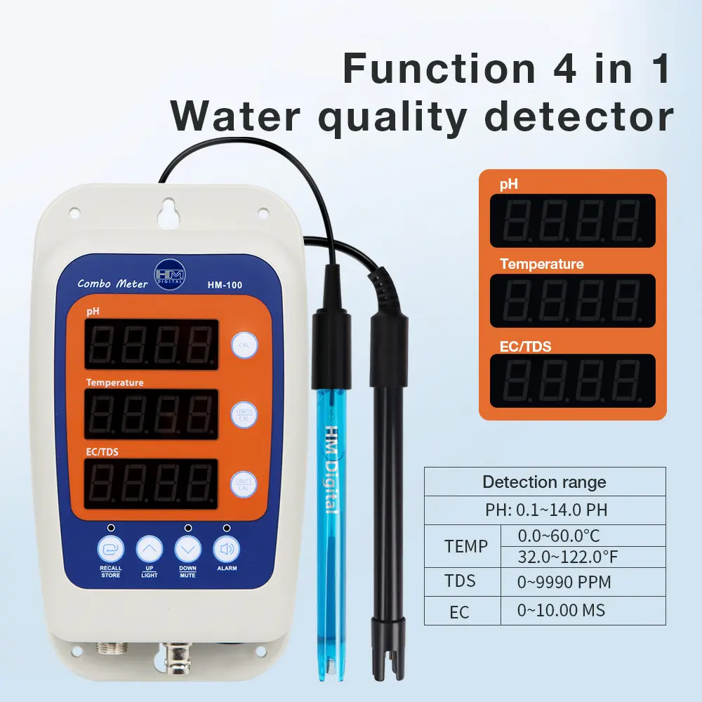 4 in 1 PH Water Quality Tester Temp EC ORP Monitor Conductivity Meter Hydroponics Detection With 2 Electrode Probe Sensor HM-100