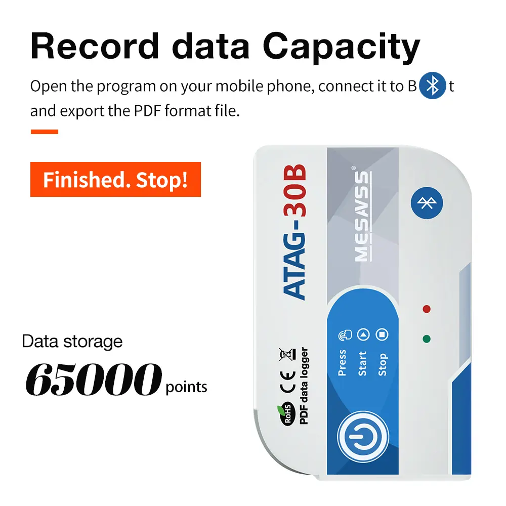 Disposable Bluetooth USB Temperature Data Logger Auto PDF 65000 Points Capacity Temp Data Recorder For Lab Cold Chain Transport