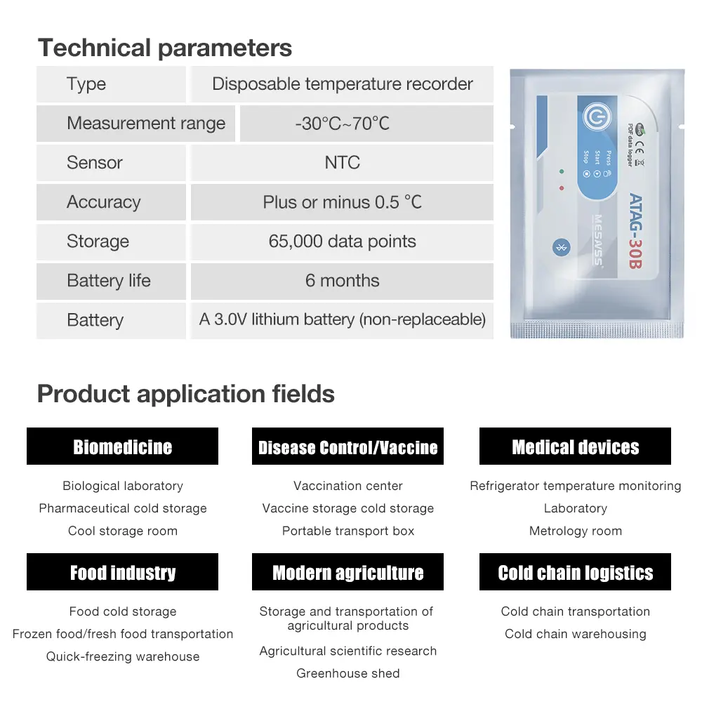Disposable Bluetooth USB Temperature Data Logger Auto PDF 65000 Points Capacity Temp Data Recorder For Lab Cold Chain Transport