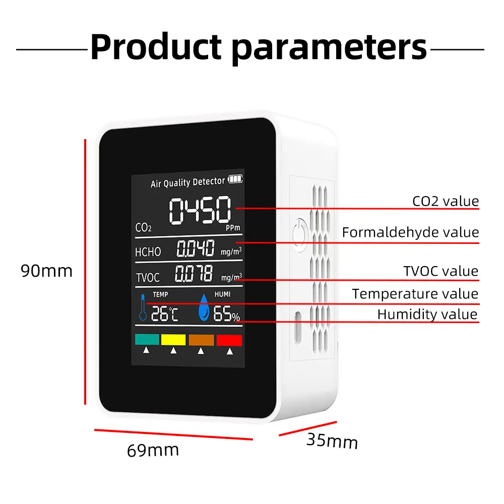 5 In 1 CO2 Air Quality Monitors TVOC HCHO Temperature Humidity Analysis Instrument Portable Carbon Dioxide Quality Detector