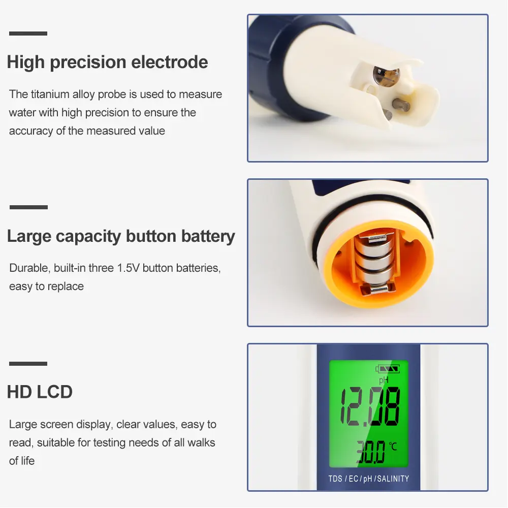 5 In 1 Water Quality Tester Digital PH Meter TDS EC Meter Salinity Temperature Tester Water Filter Purity Pen with Backlight