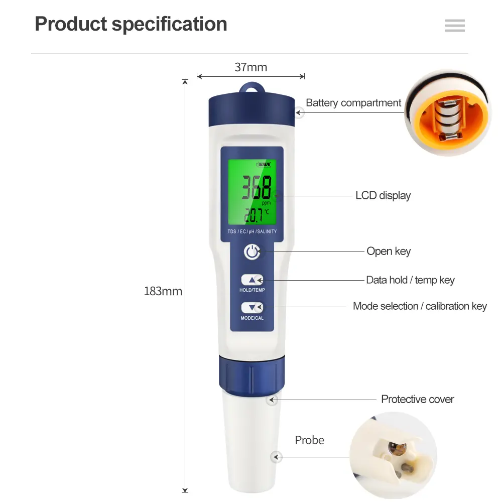 5 In 1 Water Quality Tester Digital PH Meter TDS EC Meter Salinity Temperature Tester Water Filter Purity Pen with Backlight