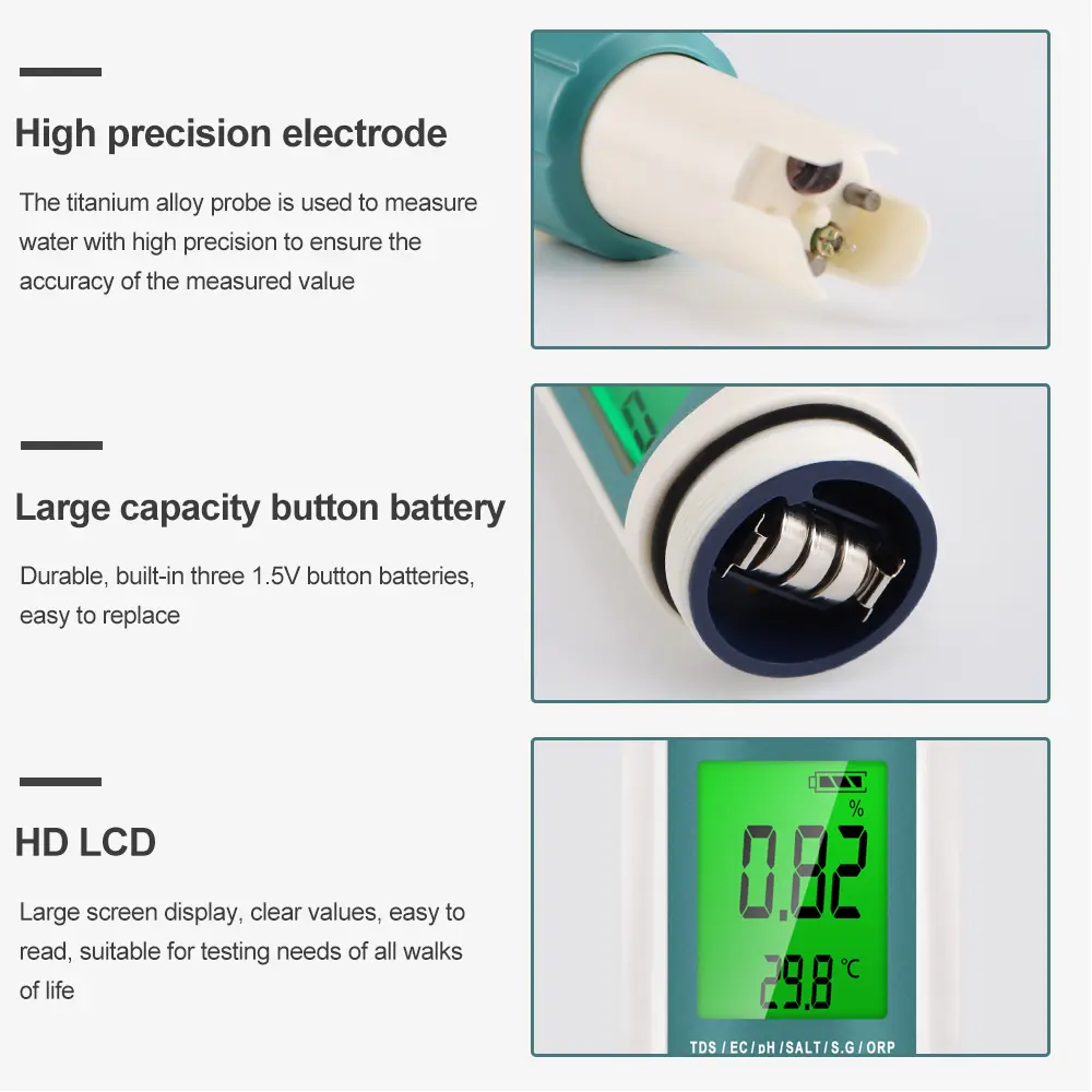 7 In 1 Digital Water Quality Tester ORP PH TDS EC Meter Salinity SG Temperature Tester Water Filter Purity Pen with Backlight