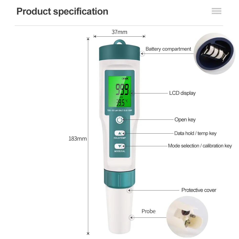 7 In 1 Digital Water Quality Tester ORP PH TDS EC Meter Salinity SG Temperature Tester Water Filter Purity Pen with Backlight