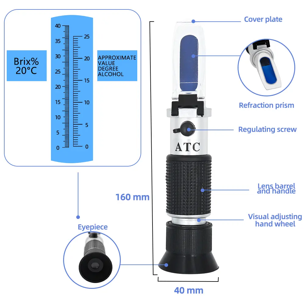 Handheld Alcohol Sugar Refractometer Tester Wine Concentration Meter Densitometer 0-25% Alcohol Beer 0-40% Brix Grapes Testing