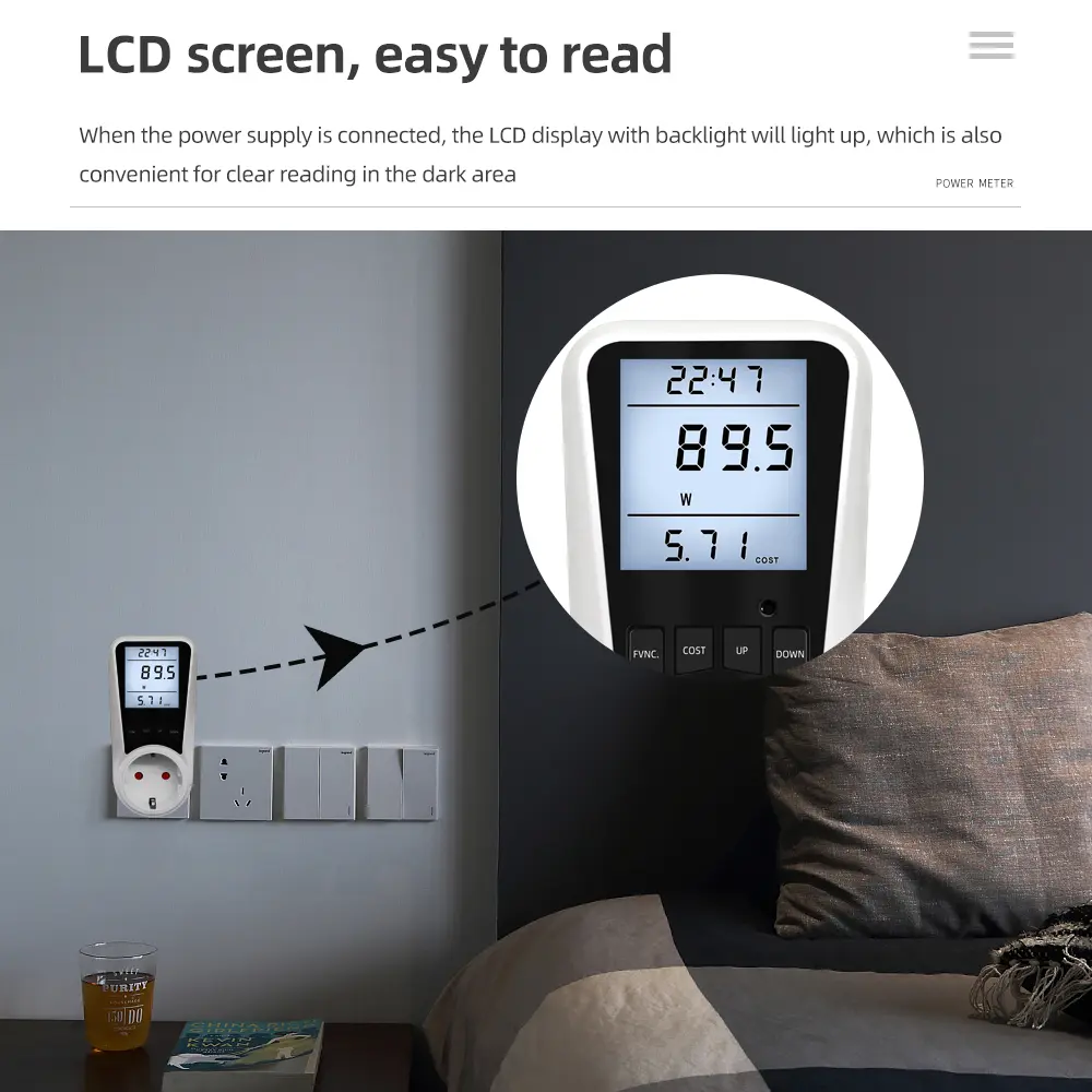 EU 16A 230V Power Meter Outlet Power Watt Meter Analyzer with Digital LCD Display Wattmeter Home Energy Consumption Monitor