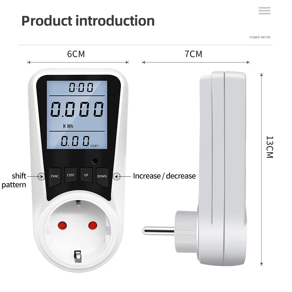 EU 16A 230V Power Meter Outlet Power Watt Meter Analyzer with Digital LCD Display Wattmeter Home Energy Consumption Monitor