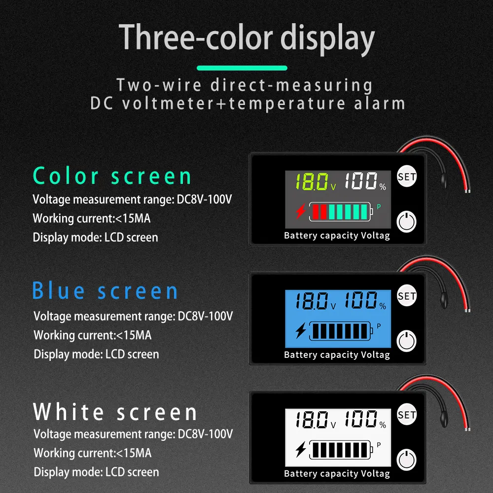 Battery Tester With Temperature Alarm DC 8V-100V Digital Voltmeter Battery Capacity Indicator 12V 24V Lead Acid Lithium LiFePO4