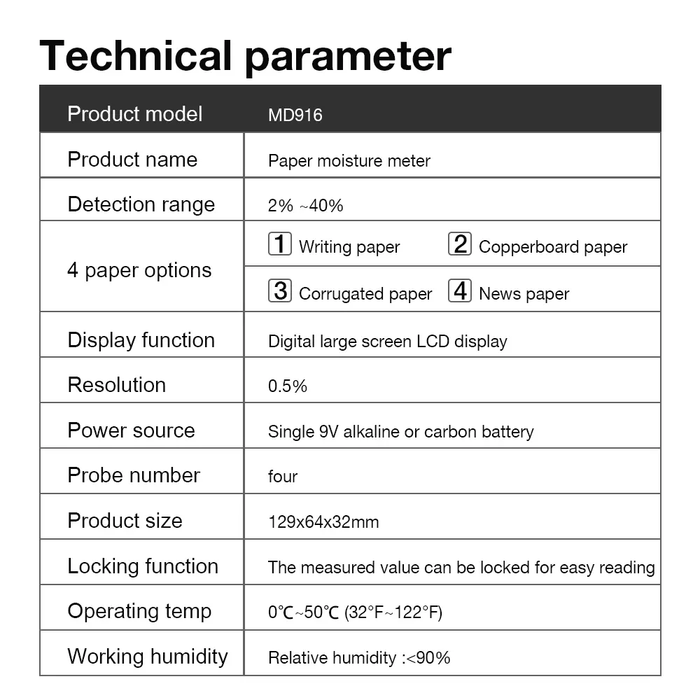 MD916 Paper Moisture Content Tester LED Display Moisture Meter 2-40% For Copperplate Paper Newsprint Corrugated Paper