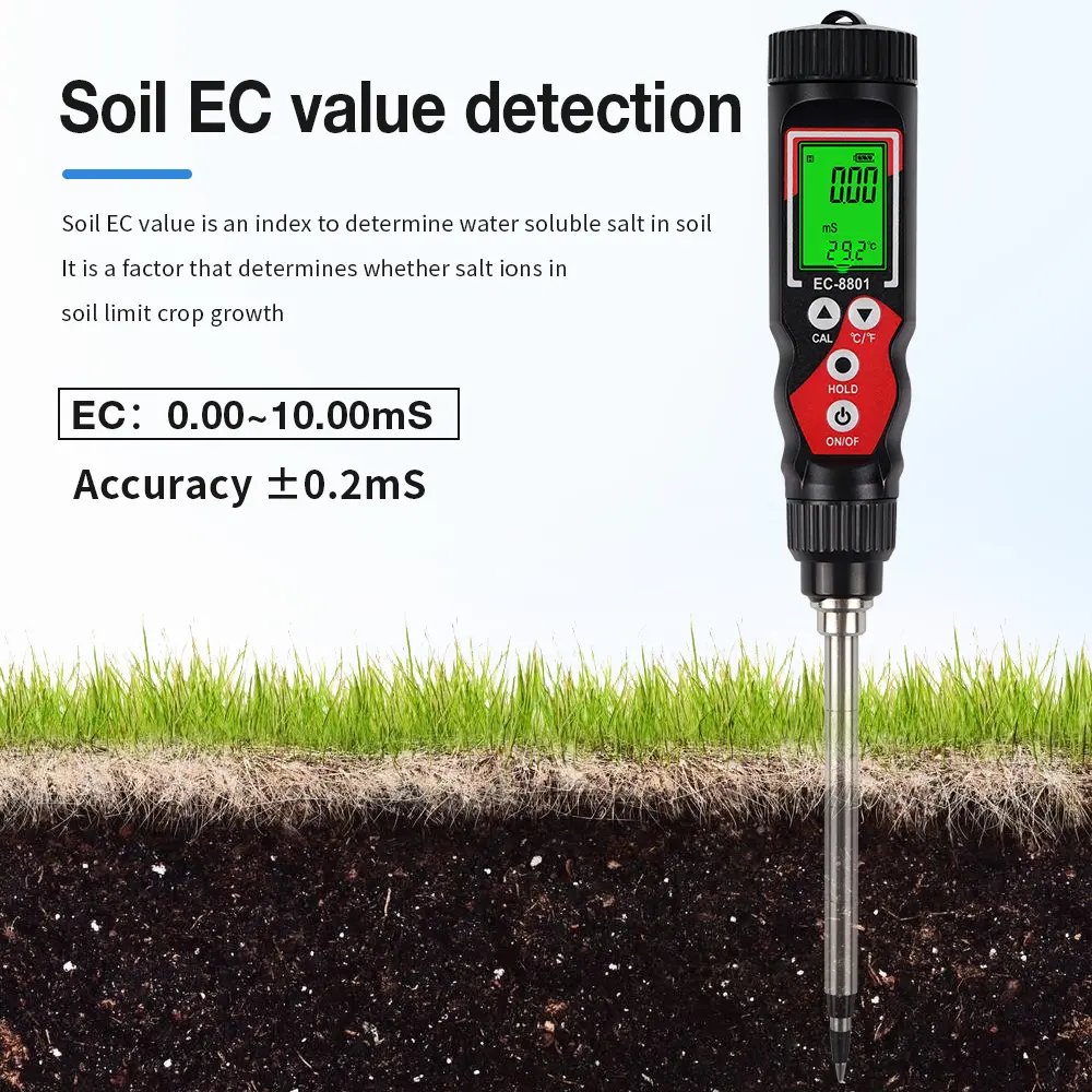 EC8801 2 in 1 Digital EC Meter Temperature EC Soil Tester Electrical Conductivity Detector Garden Planting Flower Soil Analyzer