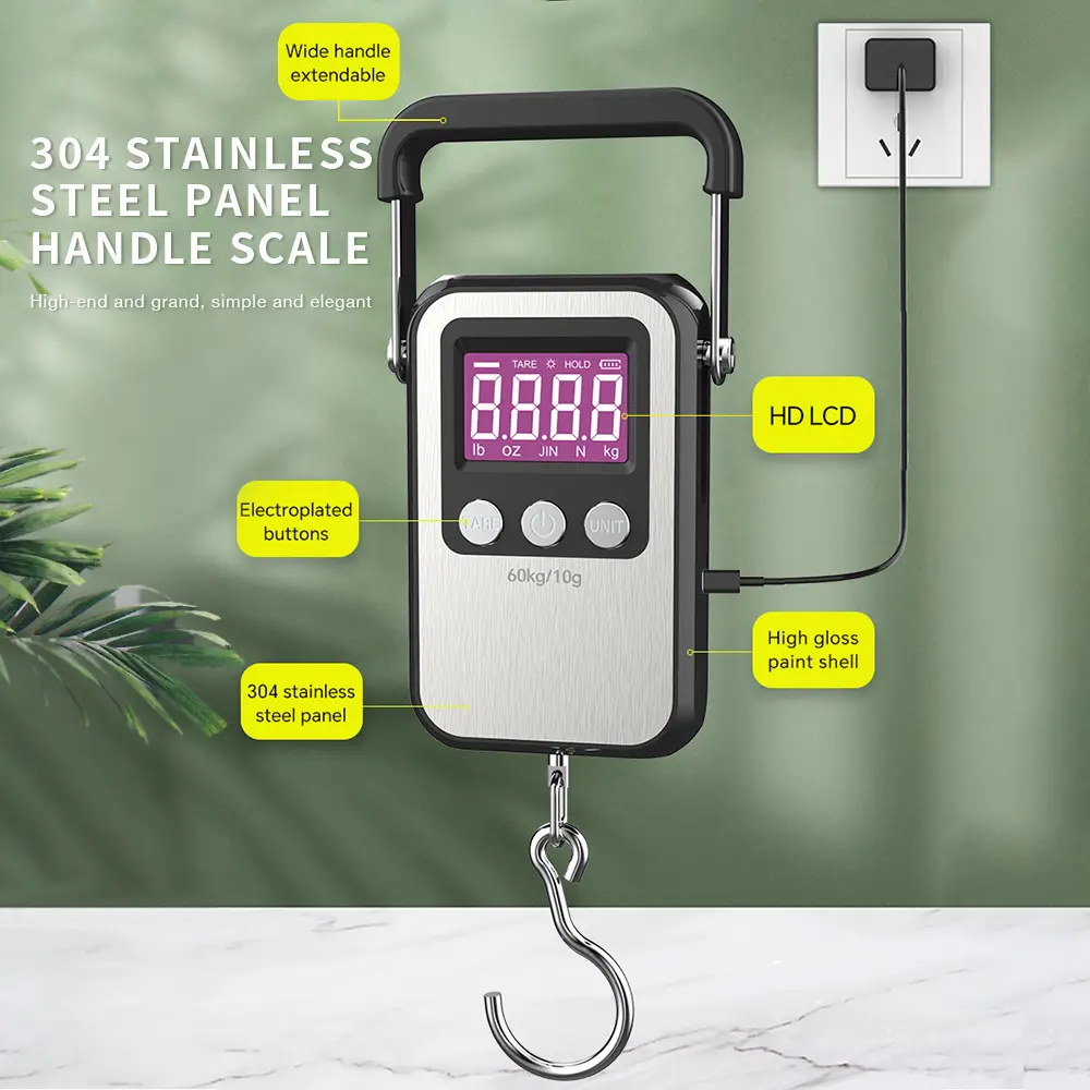 60Kg/10g Portable Hanging Scale LCD Digital Rechargeable Mini Electronic Hook Weighting Scale Fishing Travel Luggage Scale