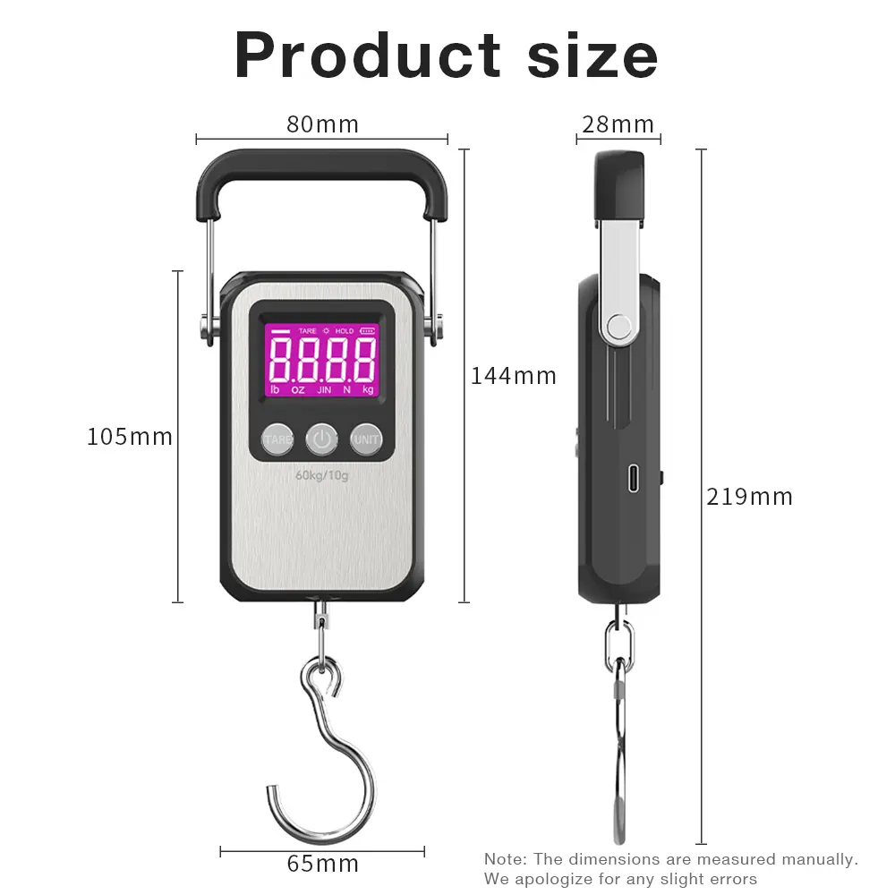 60Kg/10g Portable Hanging Scale LCD Digital Rechargeable Mini Electronic Hook Weighting Scale Fishing Travel Luggage Scale