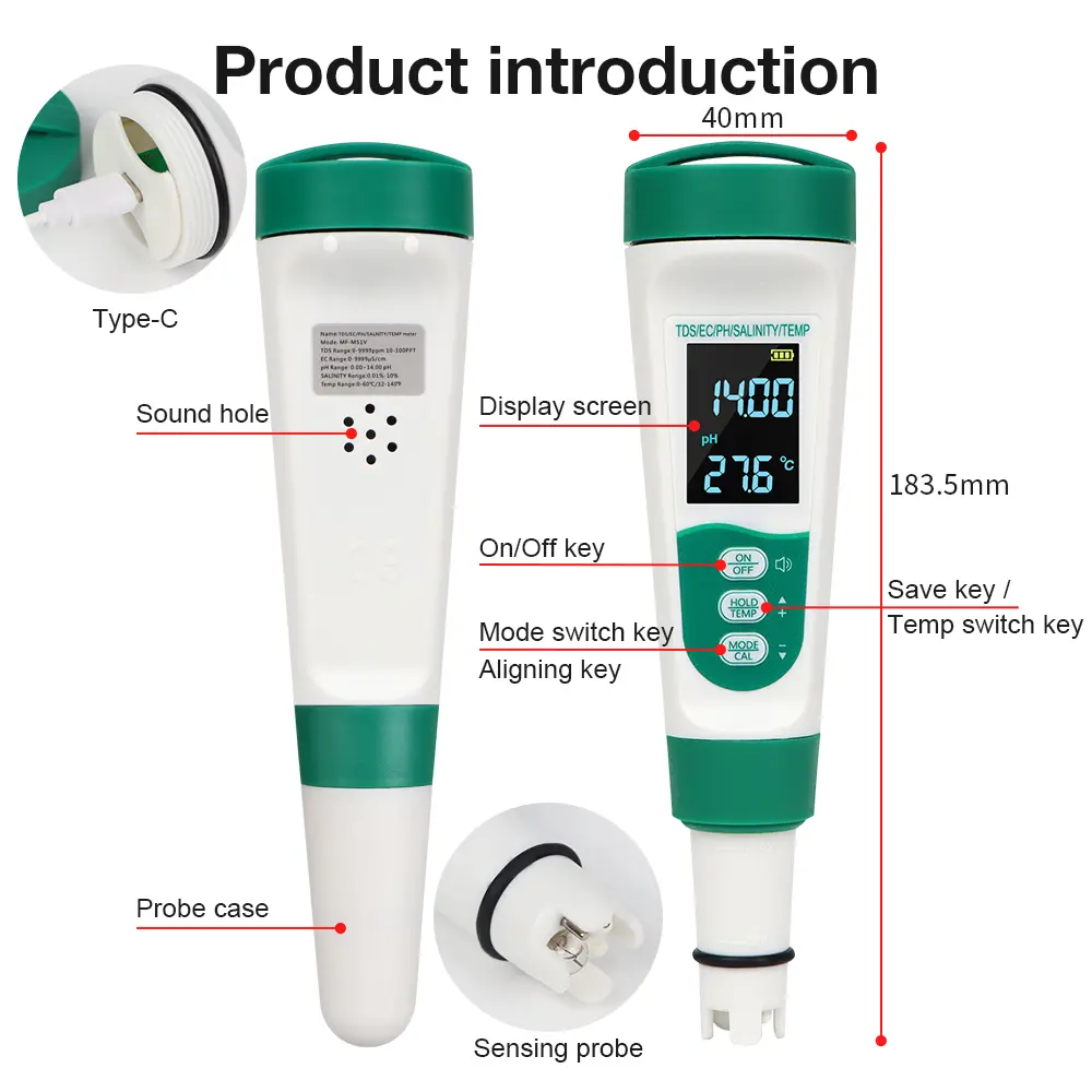 5 in 1 PH Meter Temperature TDS EC Salinity Meter Rechargeable Digital Water Quality Monitor Salt  Tester for Aquarium Pools