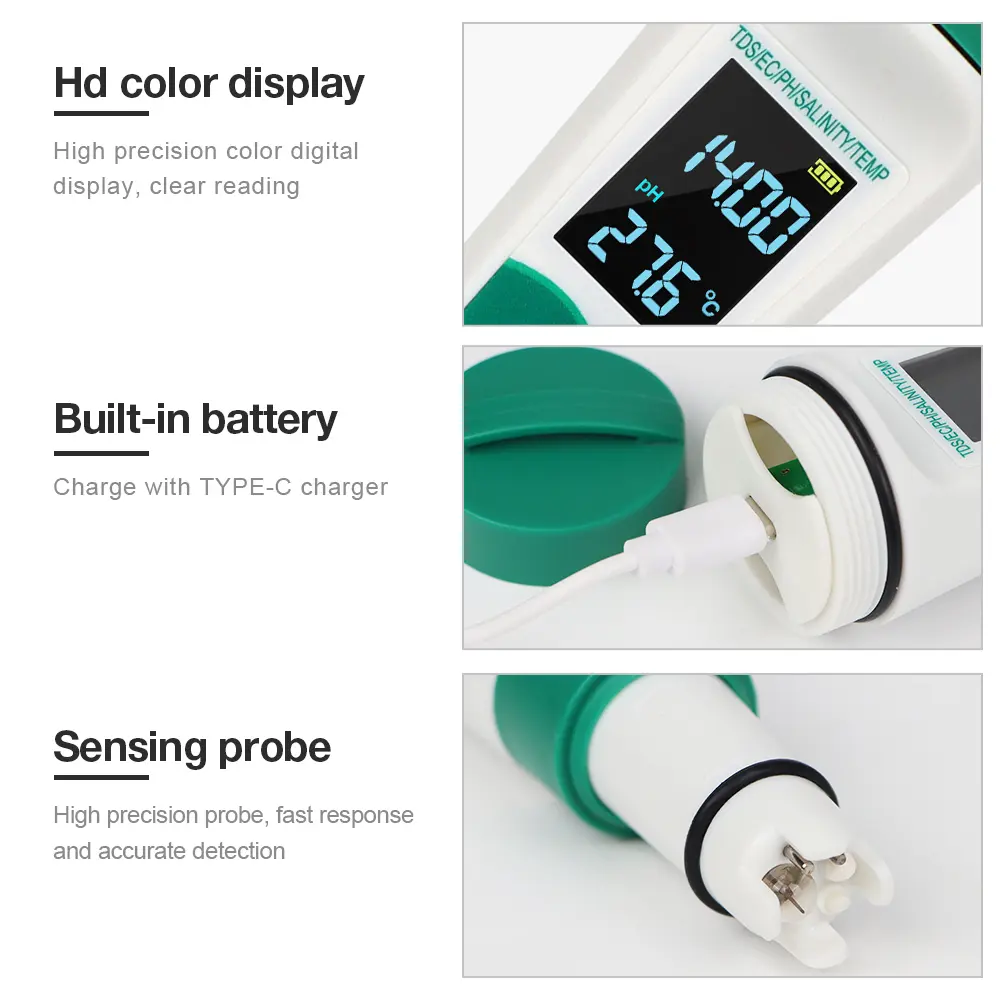5 in 1 PH Meter Temperature TDS EC Salinity Meter Rechargeable Digital Water Quality Monitor Salt  Tester for Aquarium Pools