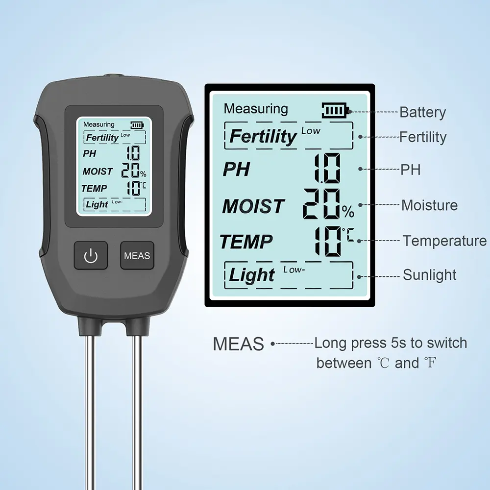 5 in 1 Digital Soil Tester Soil Fertility pH Meter Temperature Sunlight Moisture Detector LCD Display Gardening Soli Analyzer