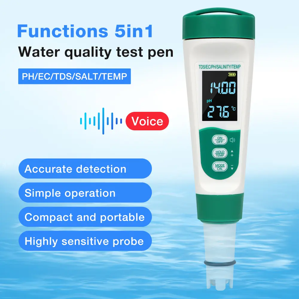 5 in 1 PH Meter Temperature TDS EC Salinity Meter Rechargeable Digital Water Quality Monitor Salt  Tester for Aquarium Pools