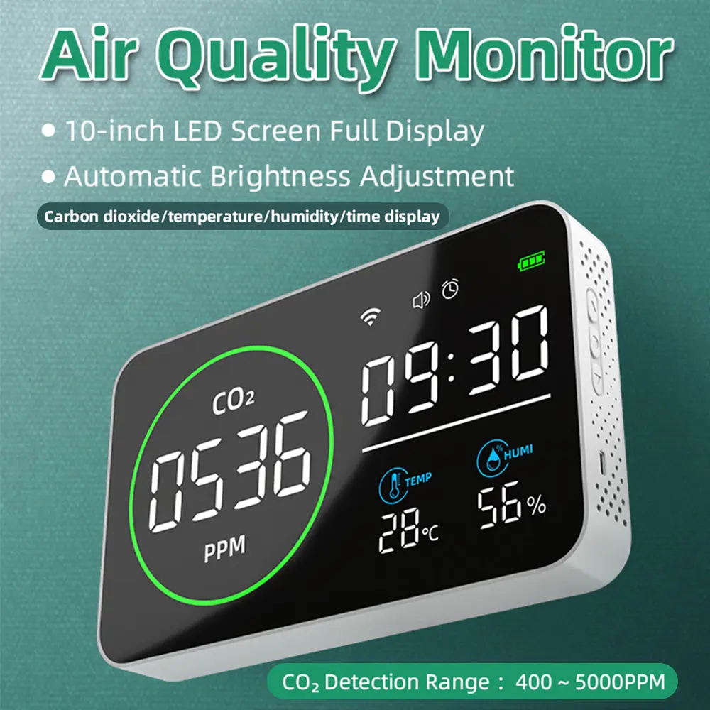 4 in 1 WiFi Air Quality Detector Carbon Dioxide Meter Agricultural Production CO2 Temperature Humidity Tester Time Alarm Clock