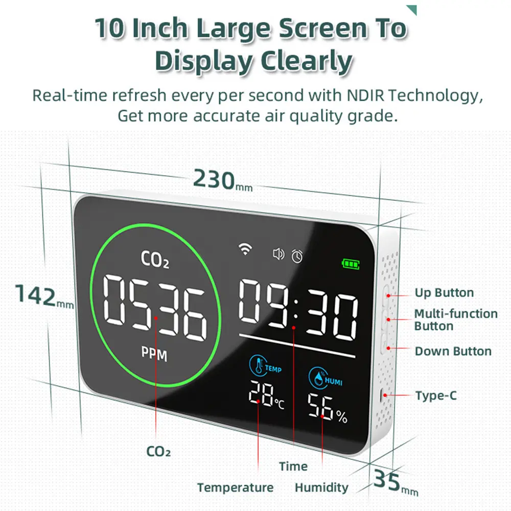 4 in 1 WiFi Air Quality Detector Carbon Dioxide Meter Agricultural Production CO2 Temperature Humidity Tester Time Alarm Clock