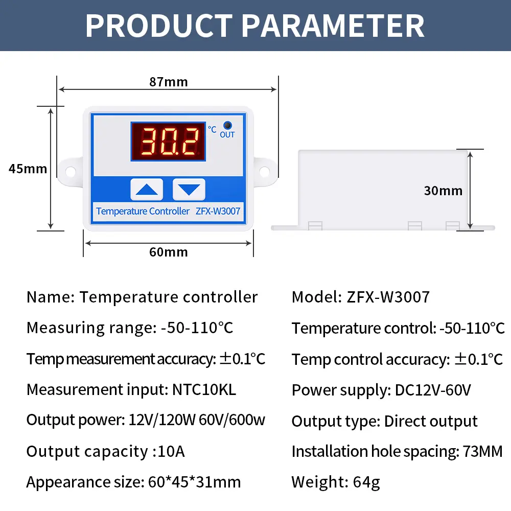 10A Digital Temperature Controller For Incubator Cooling Heating Switch LED Display Thermostat Waterproof NTC Sensor ZFX-W3007