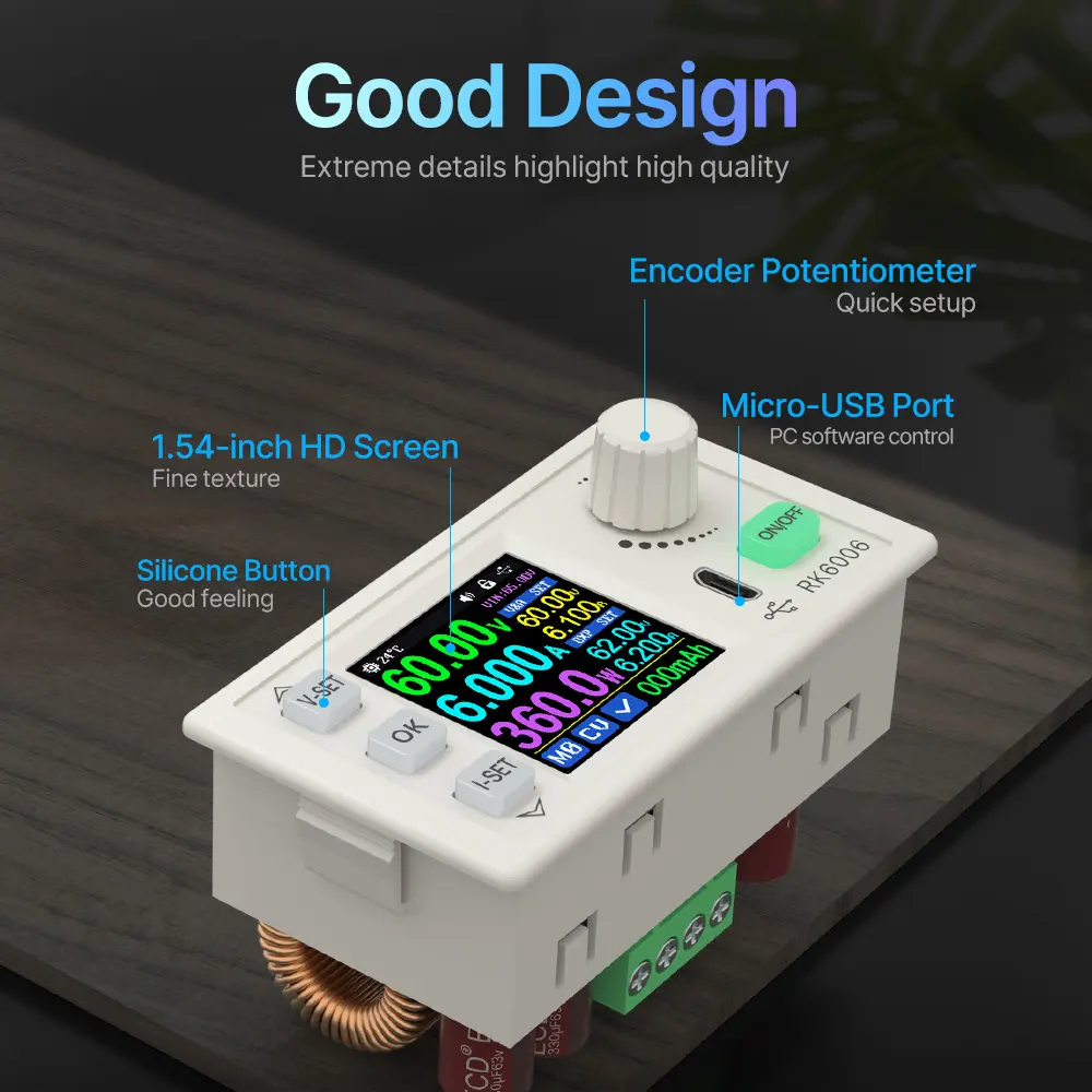 RK6006 DC Regulated Power Supply 6A 60V DC to DC Step Down Voltage Bench Firmware Upgrade USB Stabilized Voltage Buck Converter