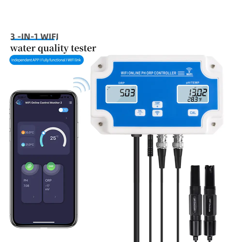 WiFi Water Quality Analyzer Temp PH ORP/Salt/EC/TDS Meter Data Logger PH Tester Smart Remote Online Monitor for Swimming Pool