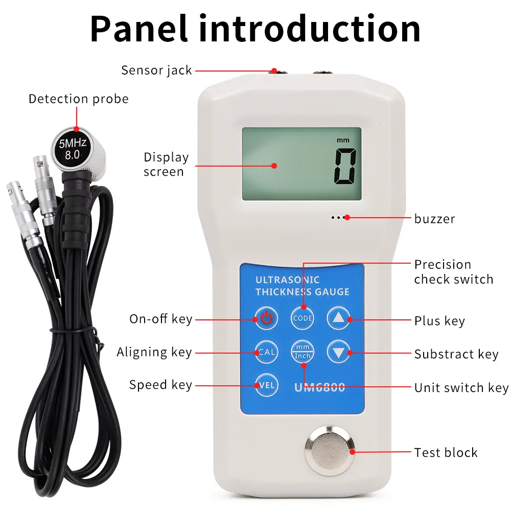 UM6800 Digital Ultrasonic Thickness Gauge 1-280 mm High Precision Probe Thickness Gauge for Metals/Plastics/Ceramics/Glass