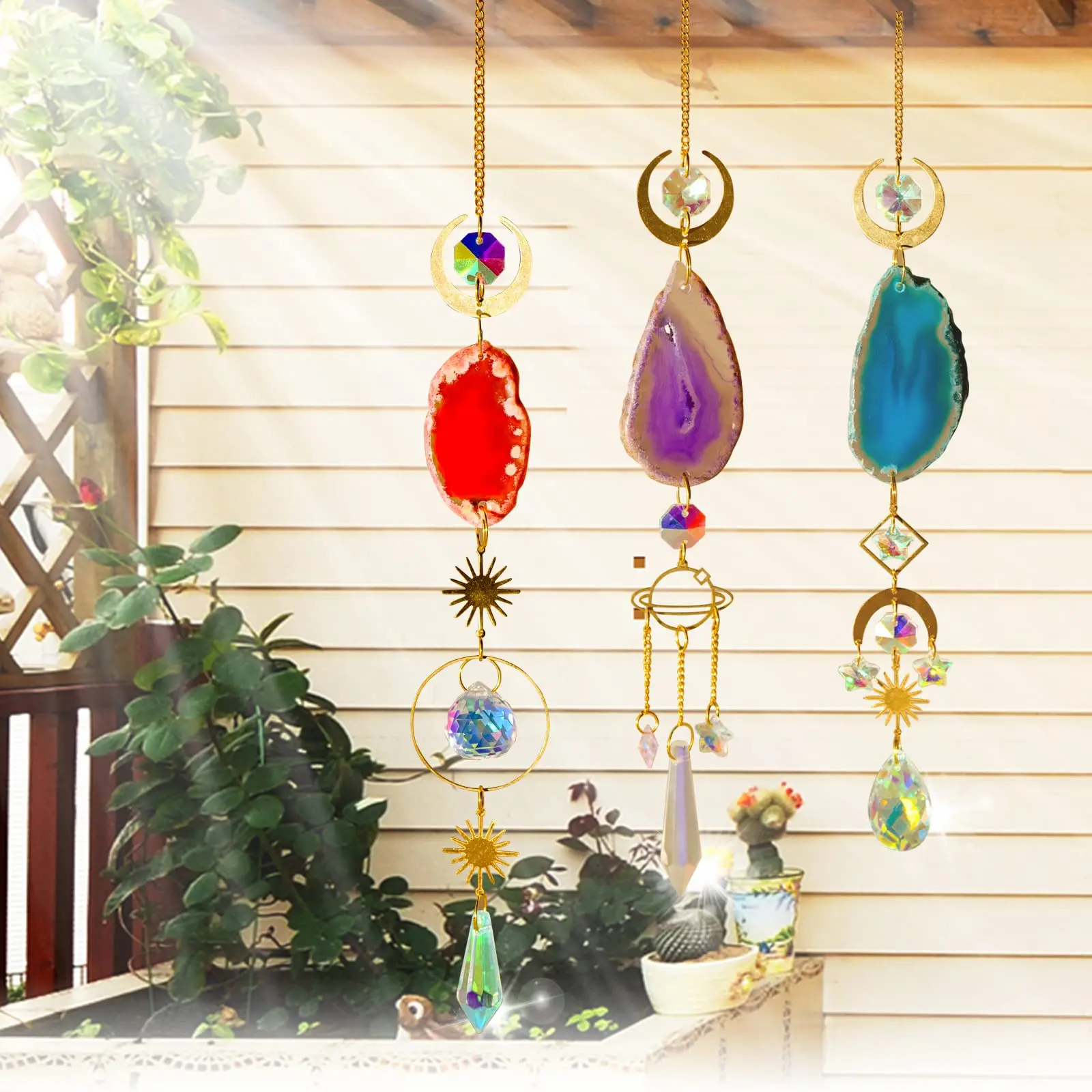 1 Pc Agate Raw Stone Sun Catcher Outdoor Garden Lighting Crystal Prism Ball Pendant, Home Decoration Crafts