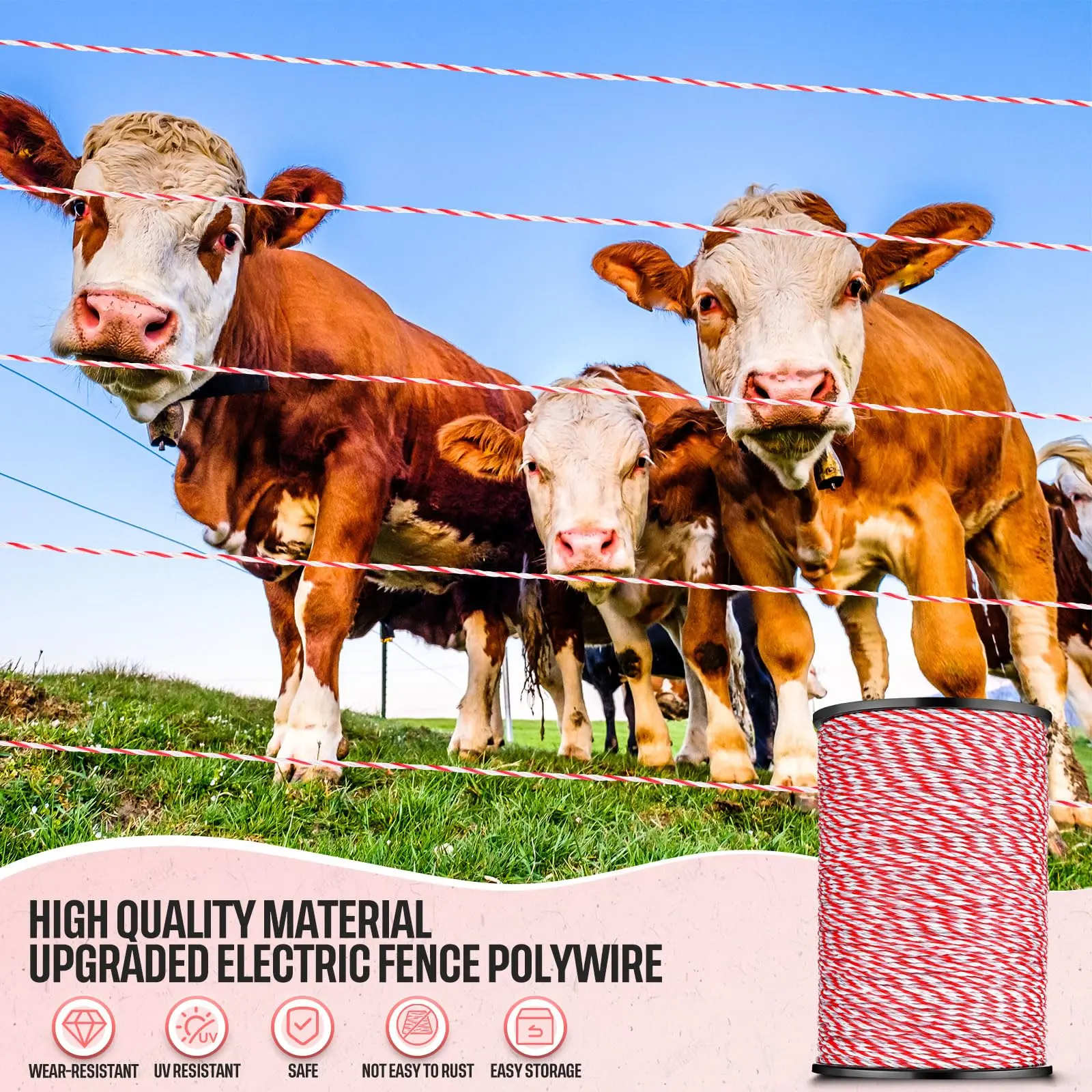 200/500M Roll Electric Fence Rope Polywire with Steel Poly Rope for Horse Animal Fencing Ultra Low Resistance Wire and Accessory