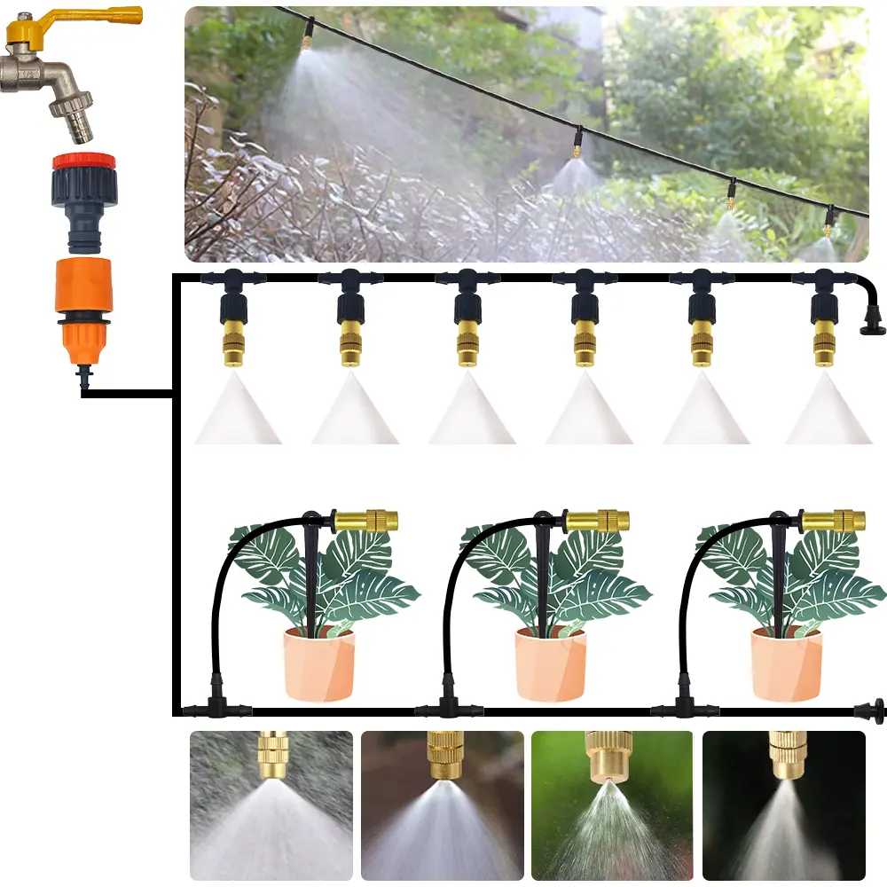 5M-30M Garden Brass Misting Cooling System Irrigation Watering 1/4'' Atomizer Nozzles 4/7mm Hose for Outdoor Greenhouse Pot