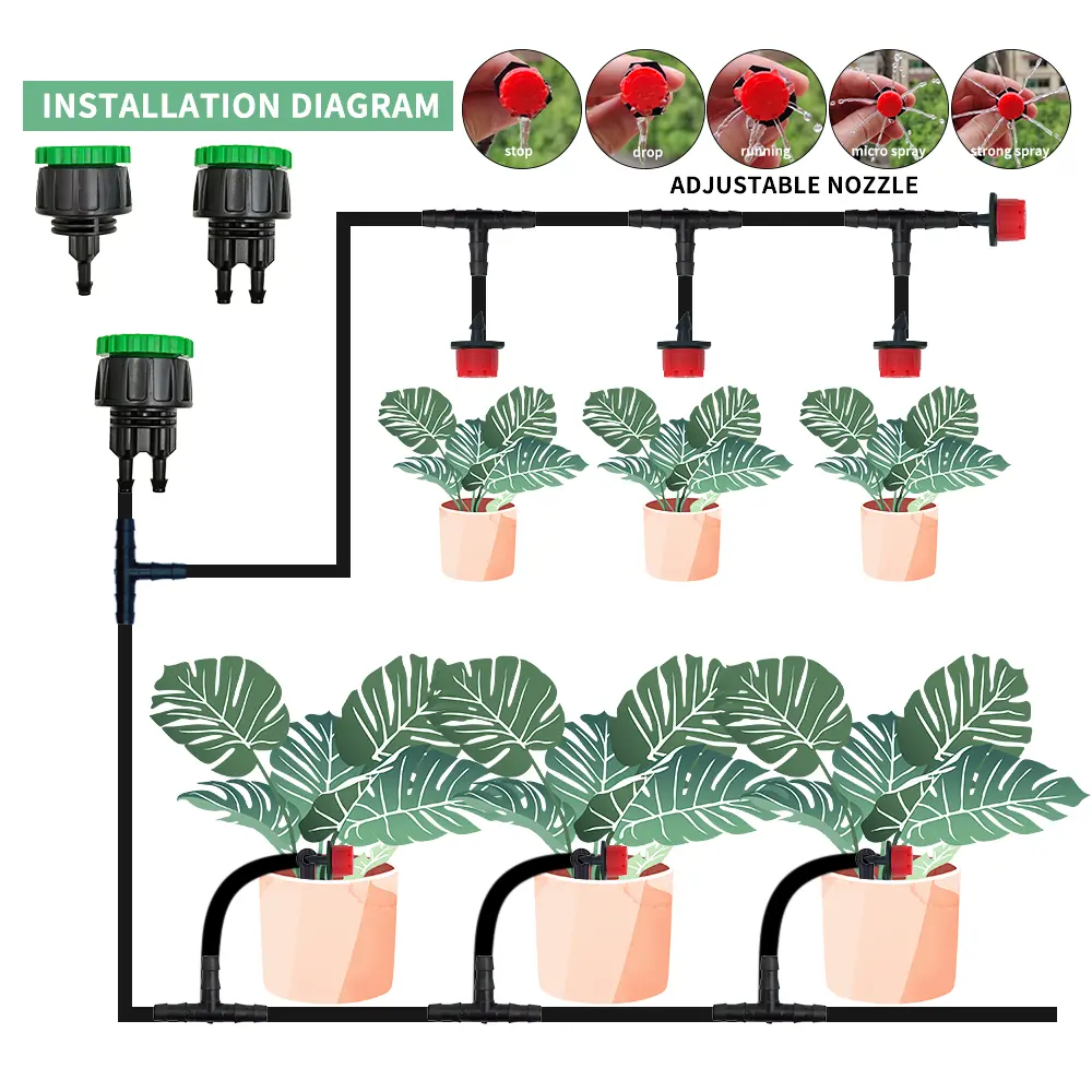 5-50M Garden Drip Irrigation Automatic Watering System Kit 1/4'' Nozzles for Bonsai Pot Plant Lawn Flower Vegetable Greenhouse