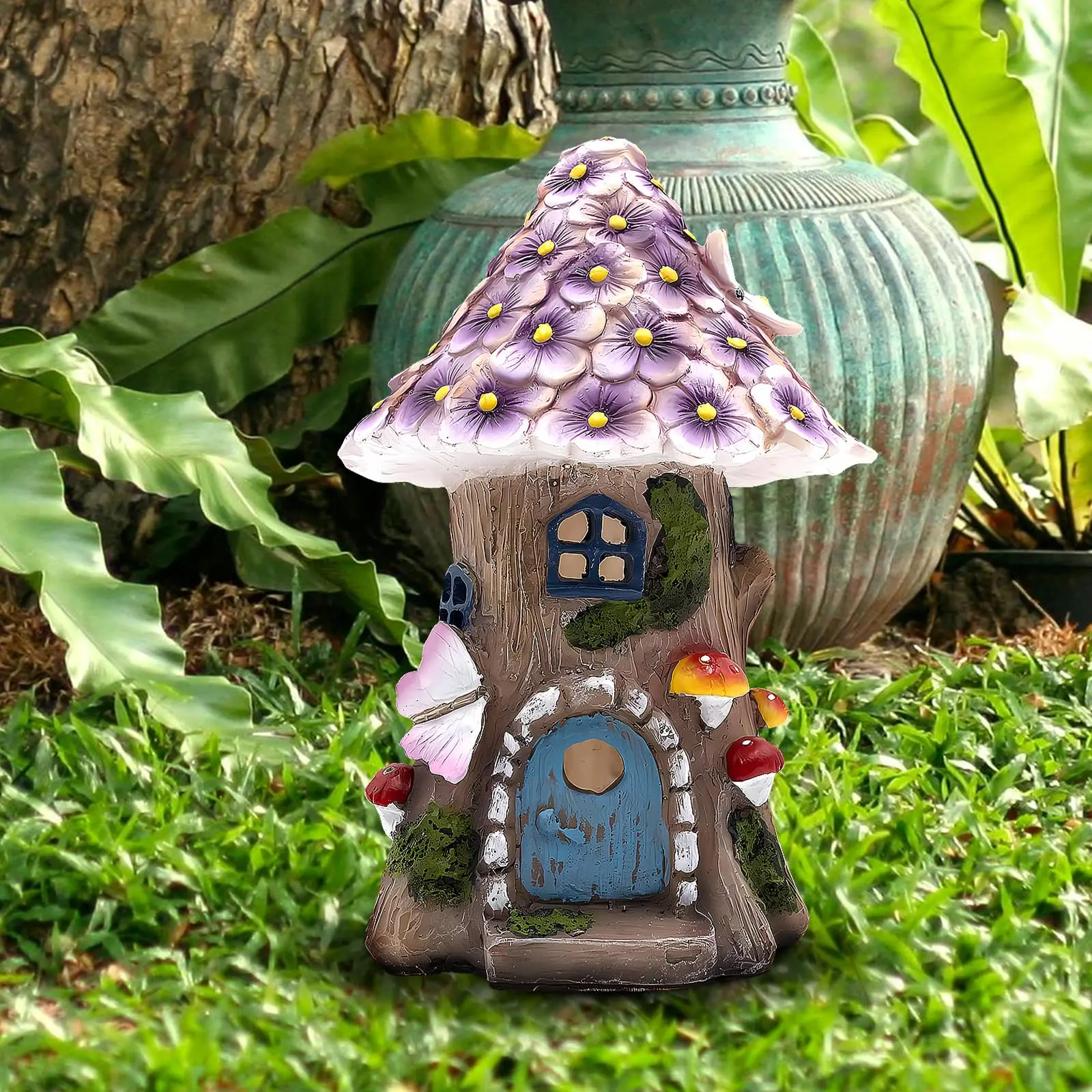 Fairy Garden House Solar Outdoor Statue, Light Up Mushroom Figurines Lawn Decorations for Yard, Fairies for Miniature House