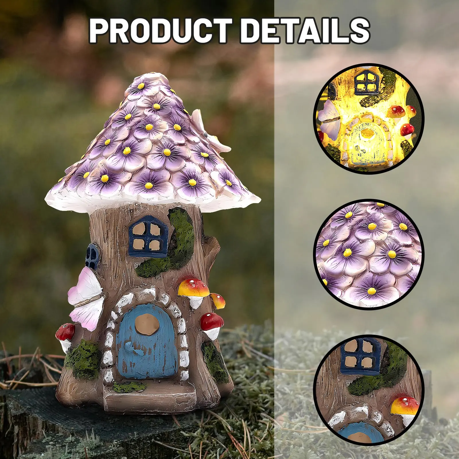 Fairy Garden House Solar Outdoor Statue, Light Up Mushroom Figurines Lawn Decorations for Yard, Fairies for Miniature House