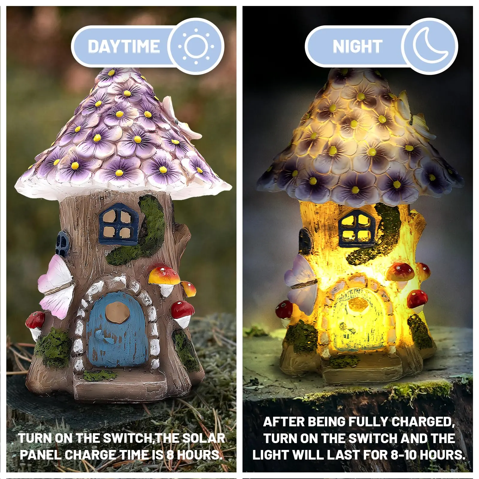 Fairy Garden House Solar Outdoor Statue, Light Up Mushroom Figurines Lawn Decorations for Yard, Fairies for Miniature House