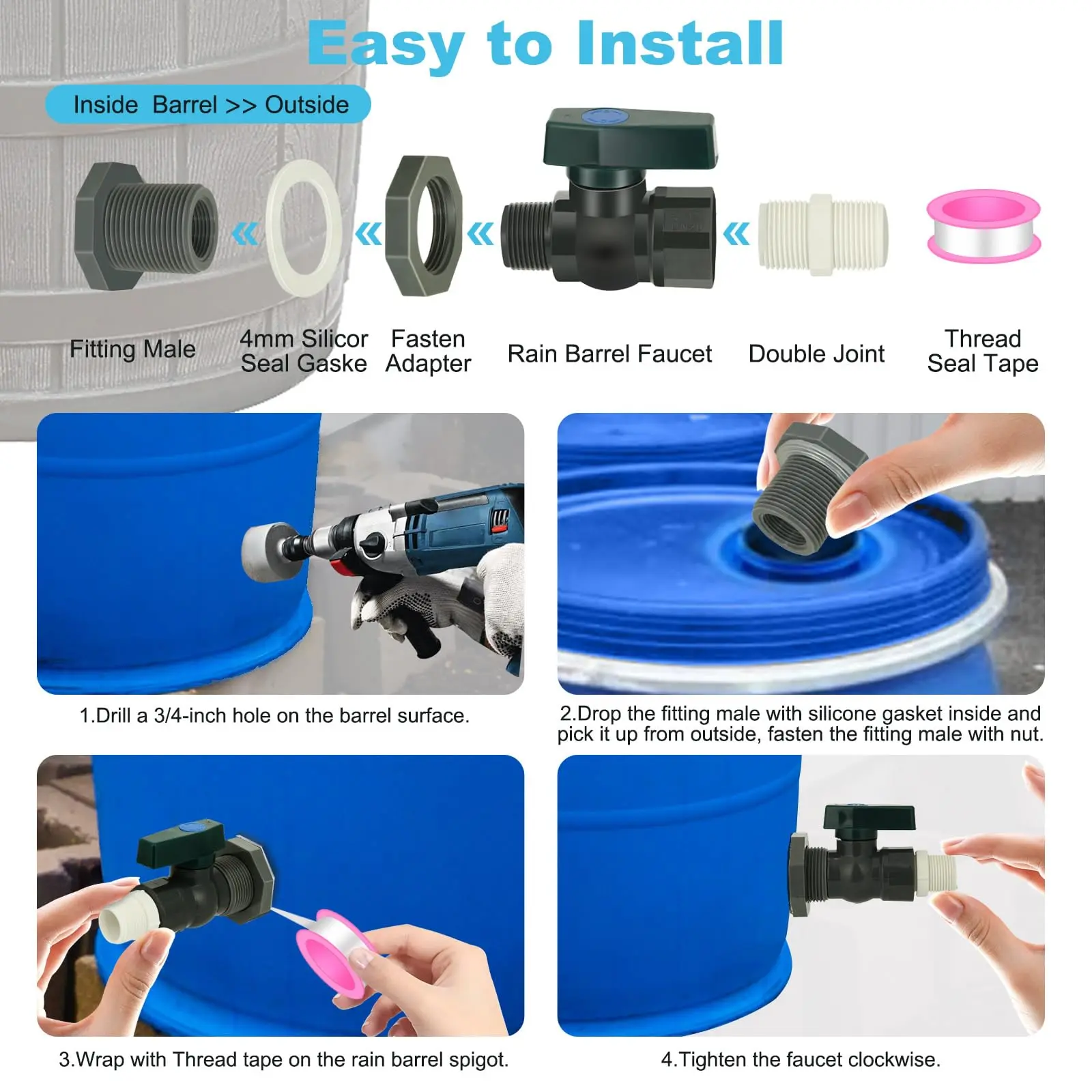 1 Set, PVC Water Barrel Spigot Kit, Connector Drain Adapter With Inner Connection For Garden, Rain Barre, Garden Tool Supplies
