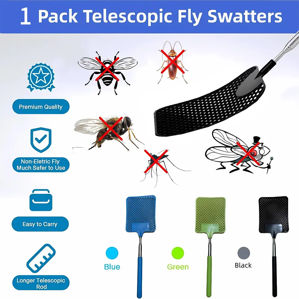 1 Pack Of Black Creative Fly Swatter Mosquito Swatter Stainless Steel Expansion Design Fly Repellent Supplies