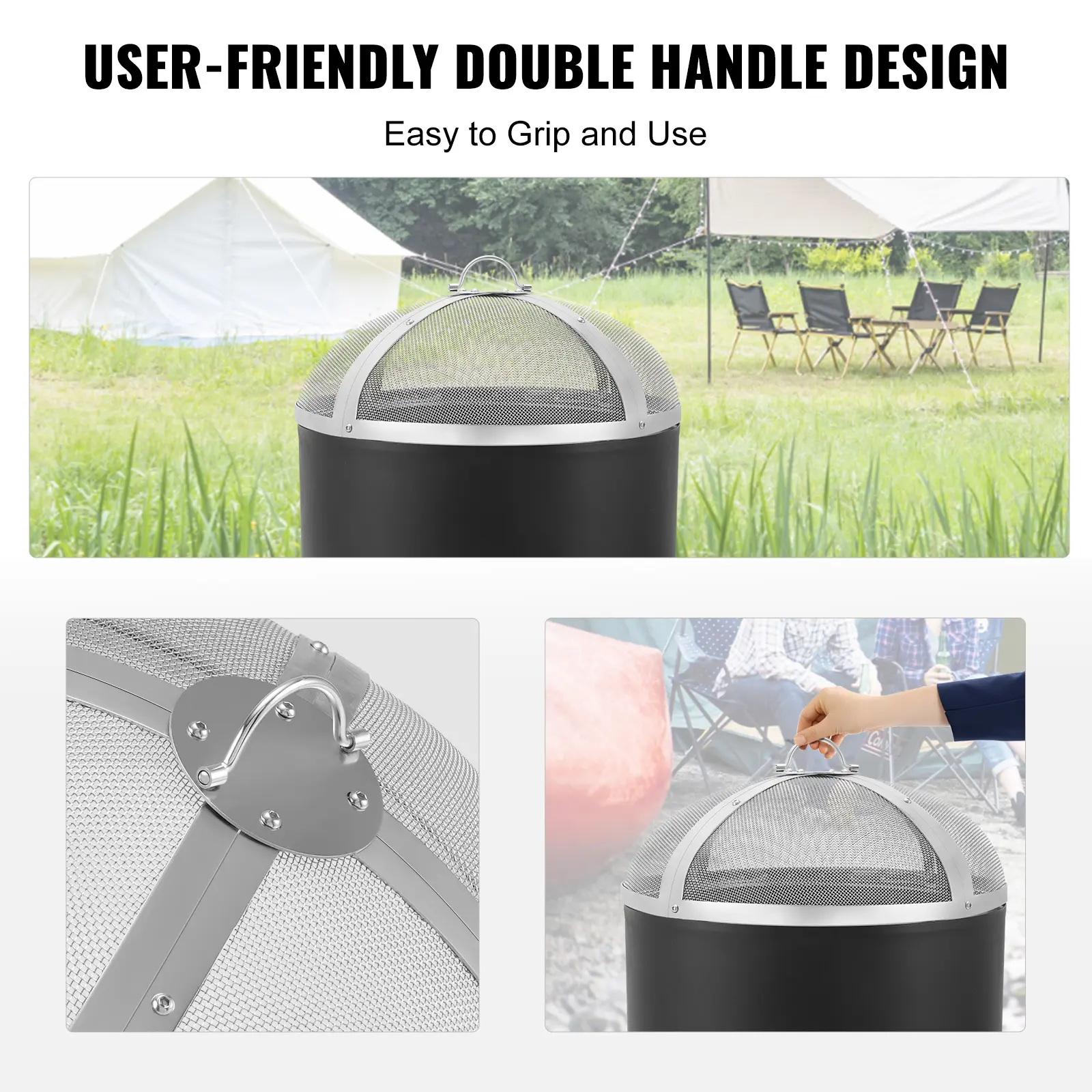 SucceBuy Fire Pit Spark Screen Round Reinforced Heavy Duty Steel Metal Cover  Outdoor Firepit Lid  Easy-Opening Top  Covers
