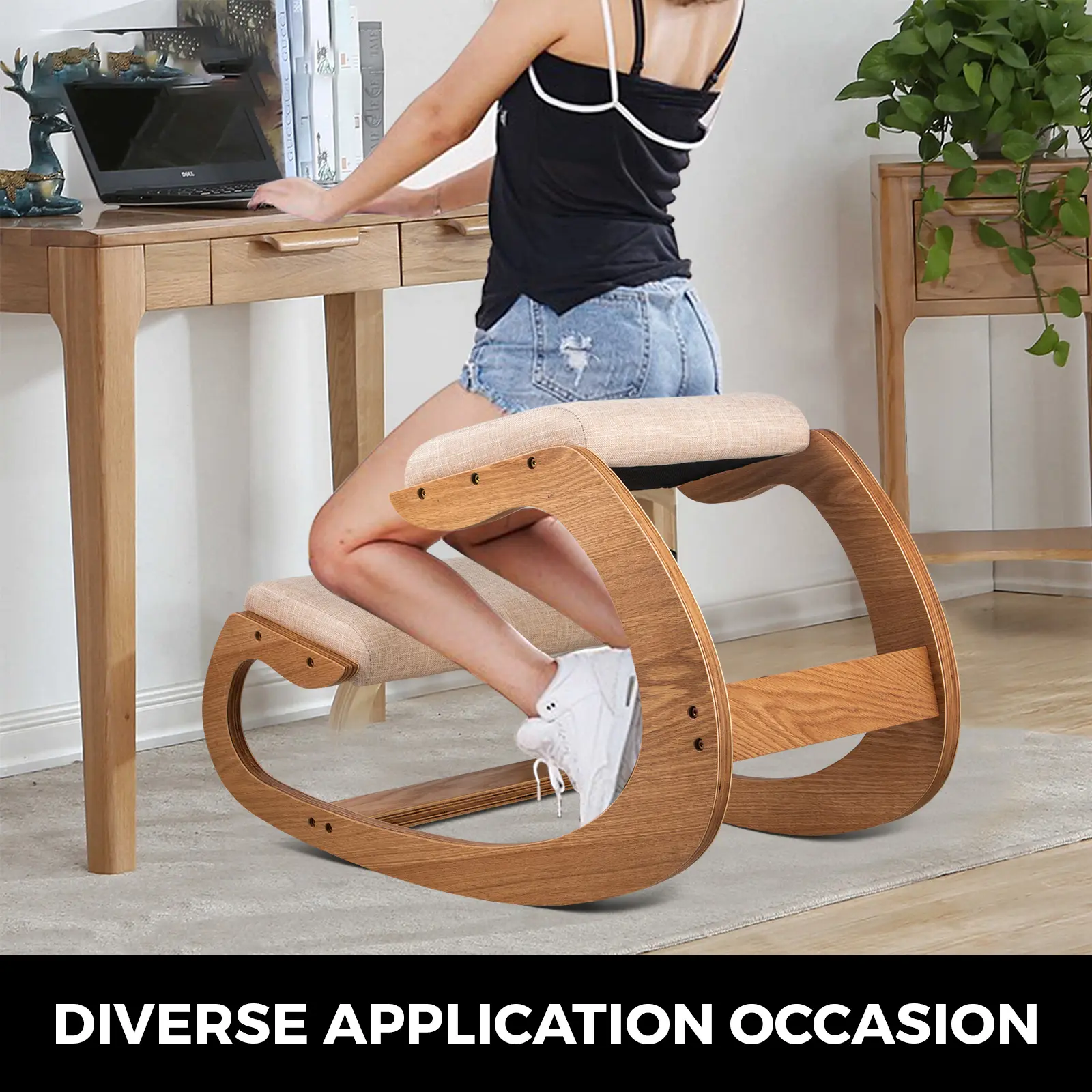 SucceBuy Ergonomic Rocking Wooden Kneeling Chair Correct Posture Computer Chair Original Home Office Furniture Thick Cushion
