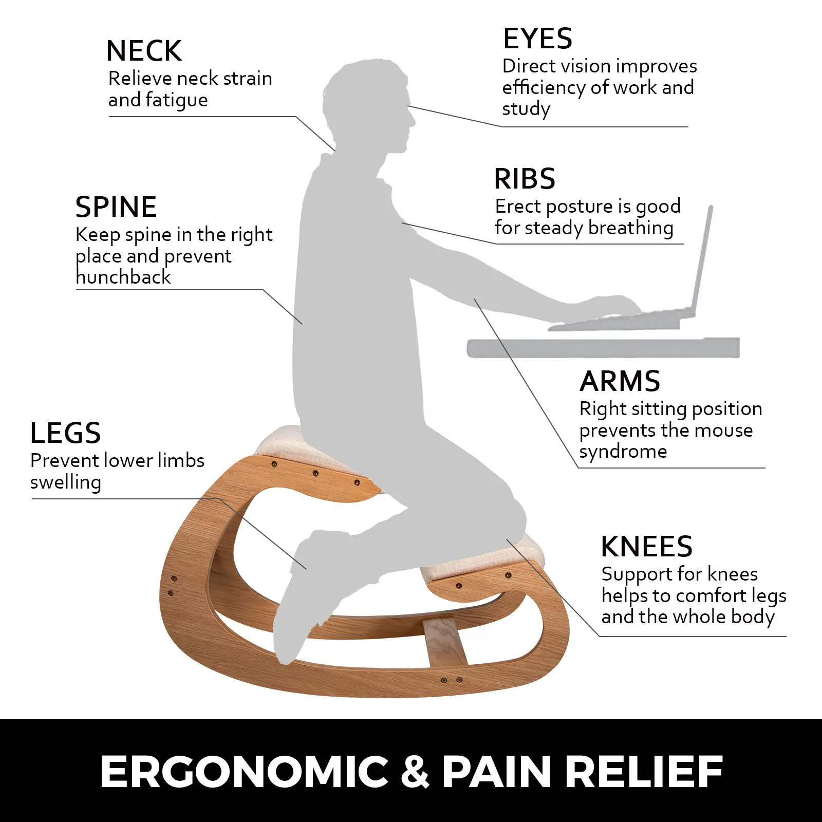 SucceBuy Ergonomic Rocking Wooden Kneeling Chair Correct Posture Computer Chair Original Home Office Furniture Thick Cushion