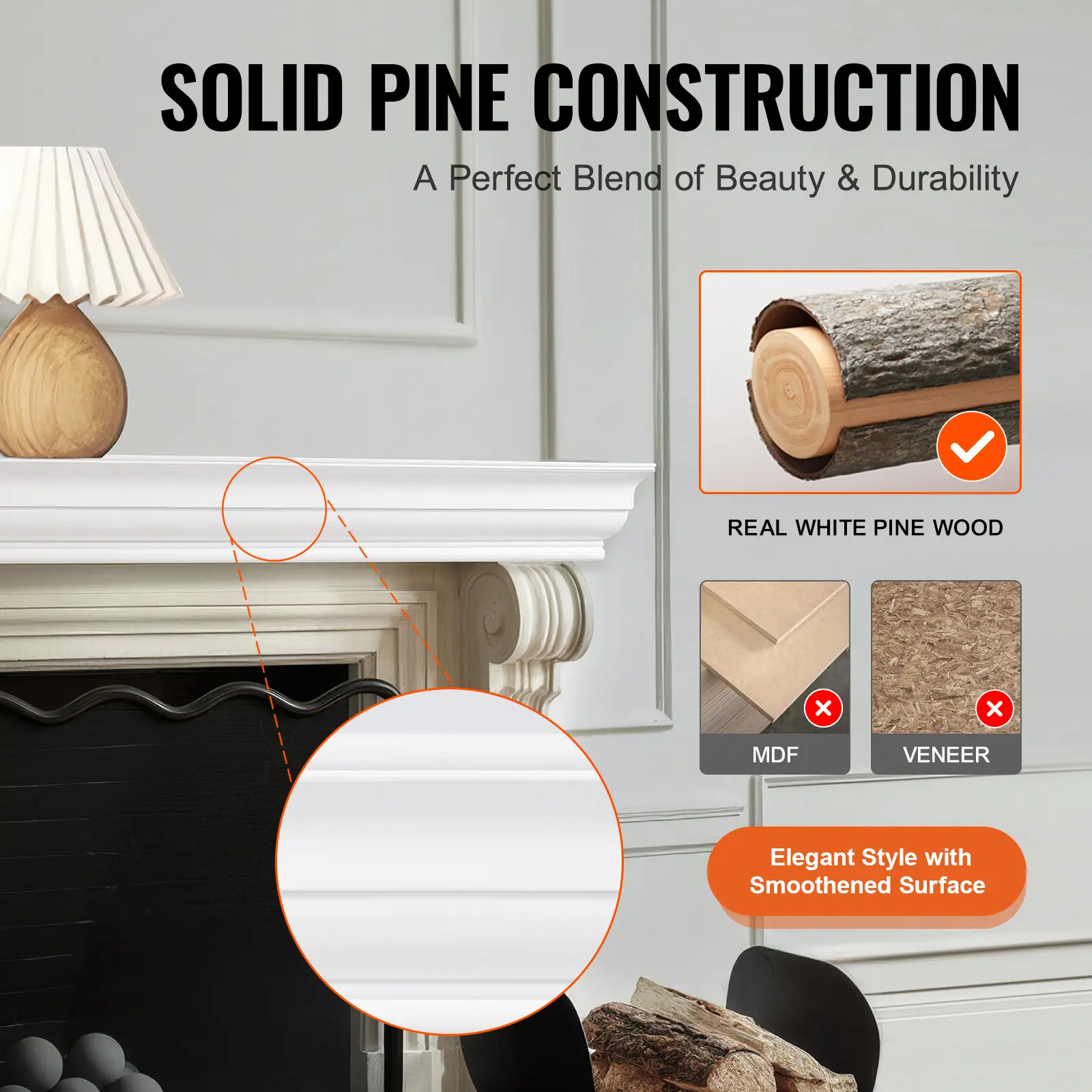 SucceBuy Fireplace Mantel 72 x 8  x 5" 50 lbs  Natural Wood Mantel for Over Fireplace Wall Handcrafted Wood for Wall Decor White
