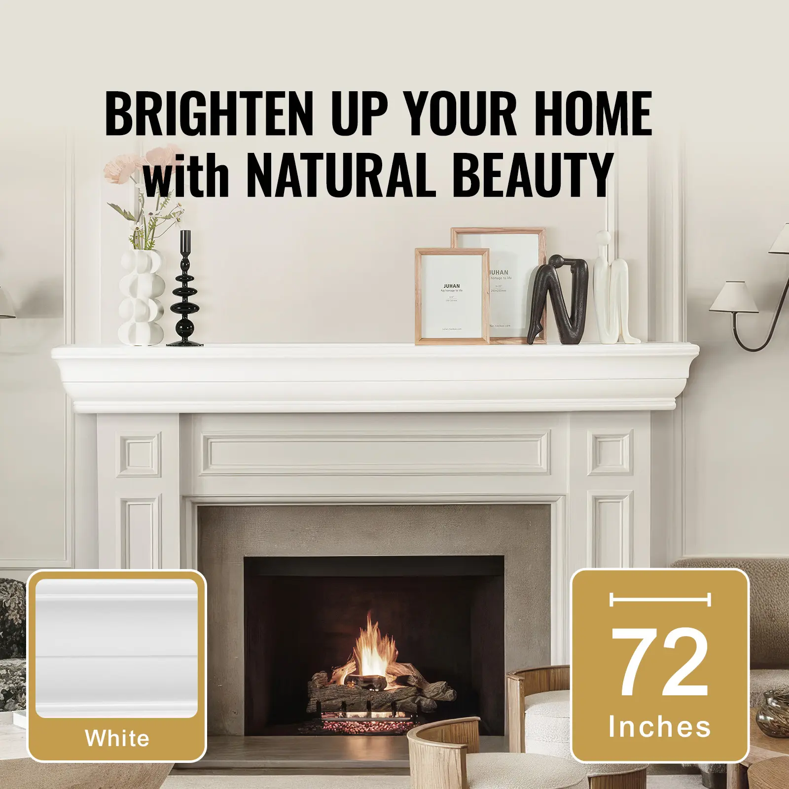 SucceBuy Fireplace Mantel 72 x 8  x 5" 50 lbs  Natural Wood Mantel for Over Fireplace Wall Handcrafted Wood for Wall Decor White