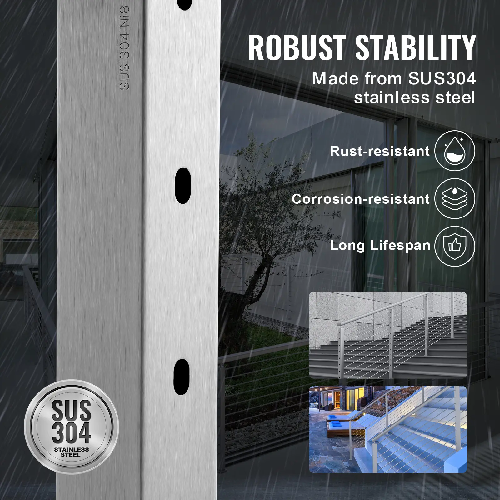 SucceBuy  Cable Rail Post Level Deck Stair Post Stainless Steel Brushed Finishing DIY Picket Deck Stair Railing Kit w/ Mount
