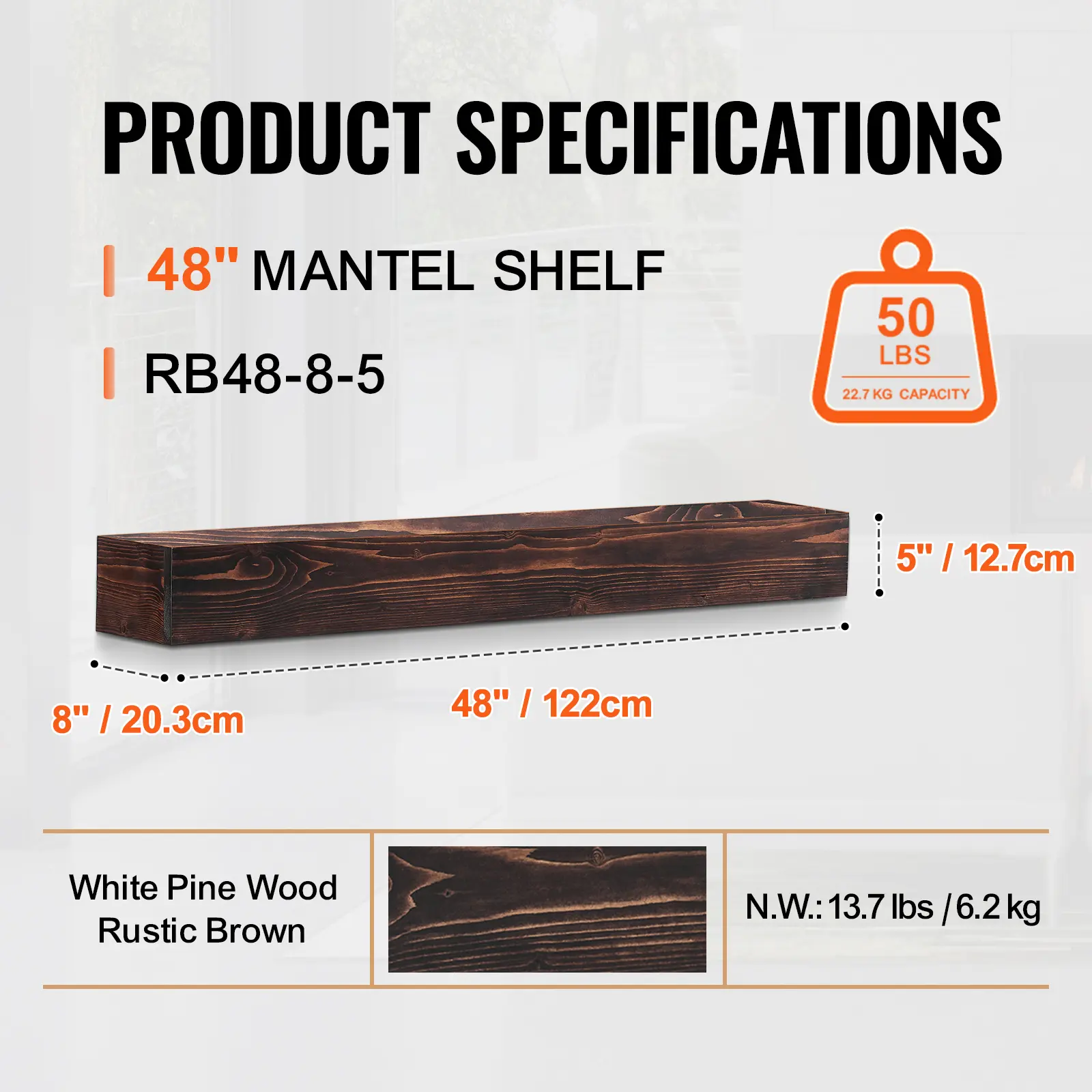 SucceBuy Fireplace Mantel 48x8x5in 50lbs Natural Wood for Over Fireplace Wall Mounted Handcrafted Fireplace for Wall Decor Brown